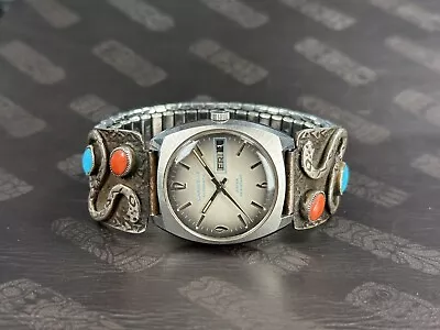 Vintage Mens Caravelle Automatic Watch Day Date 1976 - Sterling Turquoise  Tiki  • $199