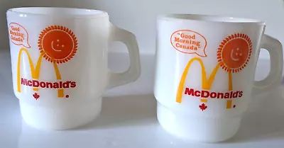 2 Vtg Anchor Hocking Fire King McDonalds GOOD MORNING Canada Leaf Milk Glass Mug • $29.43