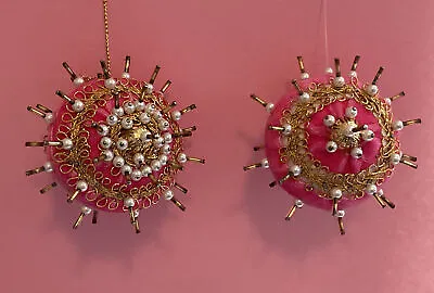 £24.79 • Buy Vintage 2 Pink Velvet PUSH PIN CHRISTMAS Ornaments Handmade 3” X 3”