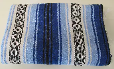 Mexican Blanket Throw Rug Blue Woven Stripe Picnic Festival Camping - M84 • £22