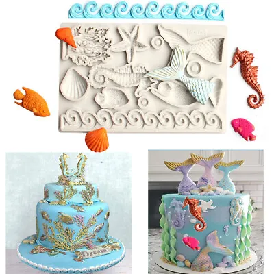 Sea Shell Horse Coral Fish Wave Silicone Fondant Mould Cake Baking Mermaid Mold • £6.79