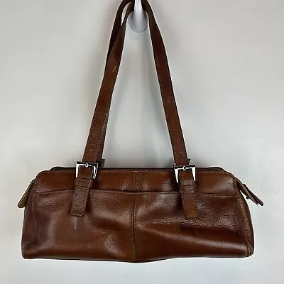 Etienne Aigner Purse Handbag Bag Brown Leather Barrel Double Handle Silver Tone • $24.99