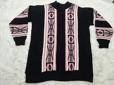 80's Clifton Place XL* Aztec Tribal Pink/Black Knit Sweater Geometric USA Made • $14.97