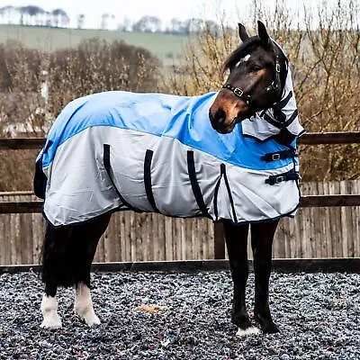 600D 2 1 In Waterproof Fly Turnout Mesh Horse Rug Fixed Neck Blue/Grey 5'6-6'9 • £30.99
