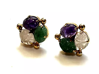 Vintage 14K Yellow Gold White Purple Green Jade Pierced Earrings  • $124.99