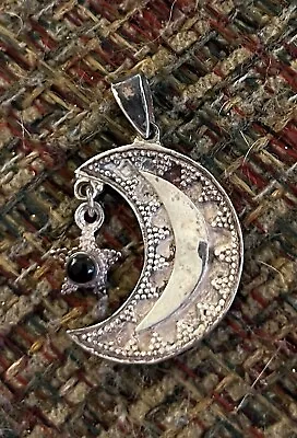 925 Vintage Crescent Moon & Dangle Onyx Star Pendant Detailed 1.5  • $50
