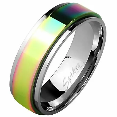 Mens Rainbow STAINLESS STEEL Ring Band Spin Spinner Worry Stress Ring Anxiety • £3.99