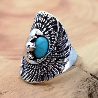 925 Silver Band Hawk Eagle Ring Turquoise Men's Women Punk Biker Jewelry Sz 6-10 • $2.03