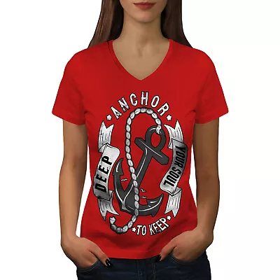 Wellcoda Anchor Your Soul Slogan Womens V-Neck T-shirt Deep Graphic Design Tee • $19.88