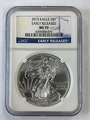 2015 $1 AMERICAN SILVER EAGLE NGC MS70 EARLY RELEASES BLUE LABEL Spot Free • $54.80