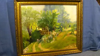 Vintage Oil Painting Summer Boy With Dog & Lush Foliage • $349