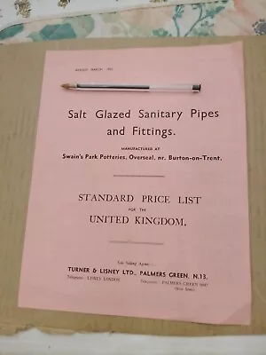 Salt Glazed Sanitary Pipes Revised Price List 1935 Turner And Linsey Ltd. • £7