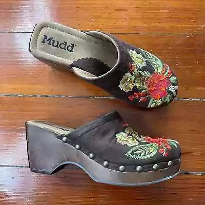 Vintage Y2K Mudd Boho Floral Embroidered Beaded Platform Wooden Clogs - Size 8 • $44