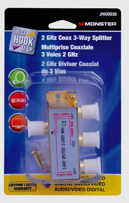 Monster JHIU0038 Just Hook It Up 3-WAY COAX SPLITTER 2 GHz 5-2150 MHz 75 Ohm • $21.78