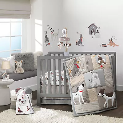 Lambs & Ivy Bow Wow Gray/Tan Dog/Puppy Nursery 3-Piece Baby Crib Bedding Set • $119.99