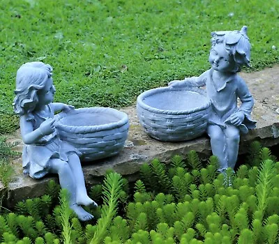 Garden Ornaments Fairy Cherub Boy Girl Pixie Grey Bird Feeder Bath Planter 32cm • £9.95