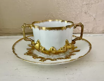 T&V LIMOGES FRANCE ANTIQUE TEACUP & SAUCER Porcelain White /gilt Gold 2 Handles • $75