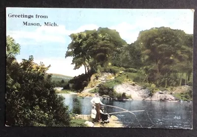 Greetings From Mason Michigan 1915 Postcard Family Fishing • $8.99
