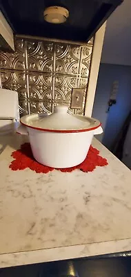 Vintage Beautiful Red And White Enamelware Pot With Unique Handles And Lid • $9.99