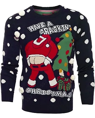 Mens Christmas Jumper Xmas Knitted Santa Crackin Novelty 3D Sweater New L • £14.99