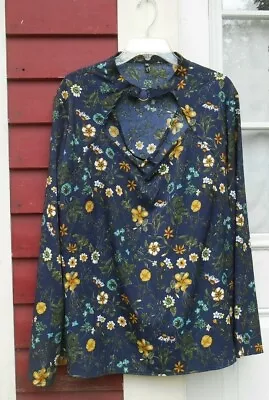 Zaful Navy Blue Floral Long Sleeved Deep V Neck Choker Neck Blouse 5XL (25 ) 1X? • $9.89