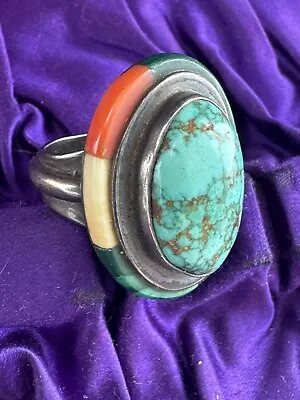 Vintage Turquoise Sterling Silver Ring Signed MD Halo Inlay Coral Onyx MOP Sz 7 • $249.99