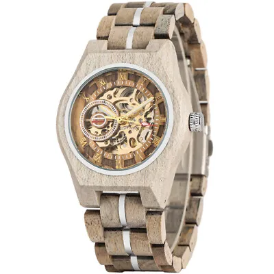 Luxury Men's Automatic Mechanical Wooden Watch Roman Numerals Display Wristwatch • $62.36