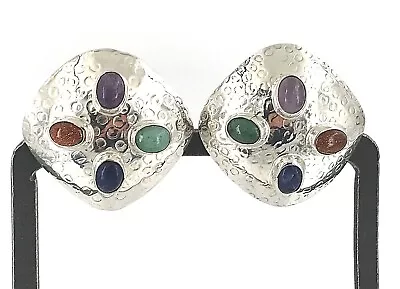 Abstract Multi-Gemstone Embossed Sterling Silver Clip-On Earrings Mexico Vintage • $59
