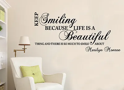 Marilyn Monroe Smiling Life Quote Wall Stickers Art Room Removable Decals DIY • £4.99