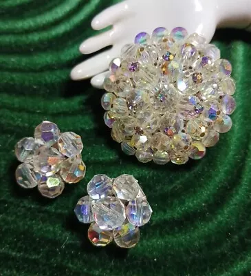 Vintage Crystal Beaded Brooch & Clip On Earring Set Lot Sparkling  • $9.99