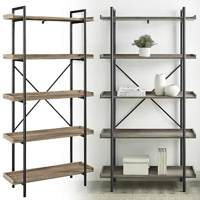 £51.99 • Buy 5 Tier Bookcase Shelves Wood & Metal Ladder Metal Pipe Industrial Bookshelf Unit