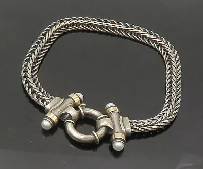 925 Silver & 14K Gold - Vintage Freshwater Pearls Wheat Chain Bracelet - BT8475 • $173.10