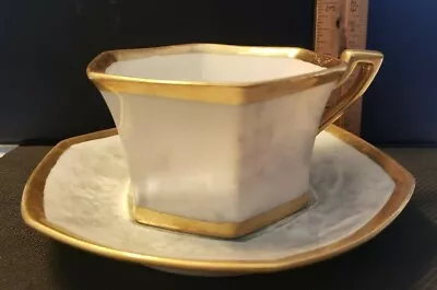 T &V Limoges Hexagonal Cup W/Saucer France Art Deco Pearl Lustre Tressemann Vogt • $9