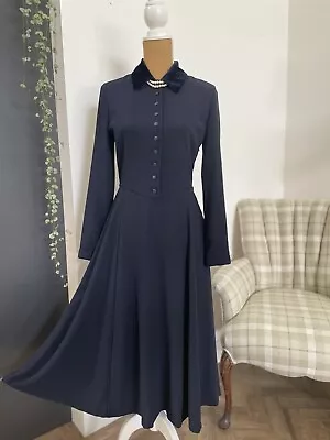 Laura Ashley Vintage Dress Navy Crape With Velvet Collar UK10 1940’s Style • £75