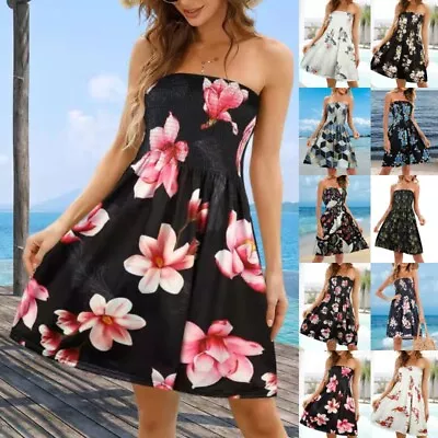 £9.59 • Buy Women Ladies Strapless Sheering Boob Tube Gather Bandeau Boho Mini Swing Dress