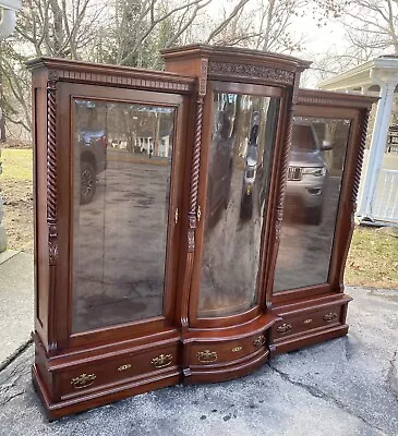 Large Beveled Glass Mahogany Carved Triple Door Bookcase • $6750