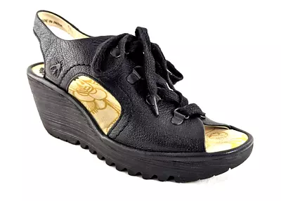 FLY LONDON Women's YLVA Black Wedge Sandals Shoes 37 US 6-6.5 $240 VEUC! * • £56.90