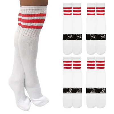 4 Pairs Knee High White Tube Socks Long Athletic Cotton Red Stripes Sports 10-15 • $11.74