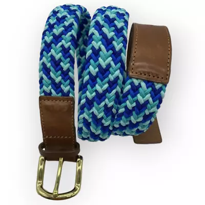 J. Crew Multitone Blue Woven Belt Leather Tabs Gold Tone Buckle M Unisex Boho  • $24.99