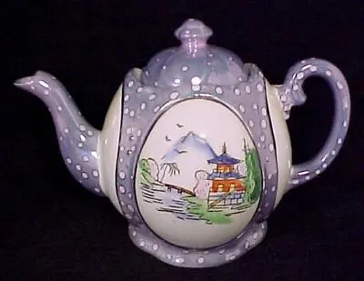 Blue Lustre Teapot Oriental Scenic 4 Cup W/ Mountain Stream Temple Made In Japan • $18.95