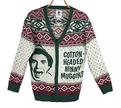 ELF Ugly Christmas V Neck Cardigan Sweater Cotton Headed Ninny Muggins Size L • $26.50
