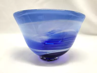 Vintage Art Glass Hand Blown Blue/White Swirl Vase - Signed 15cm Across • $42