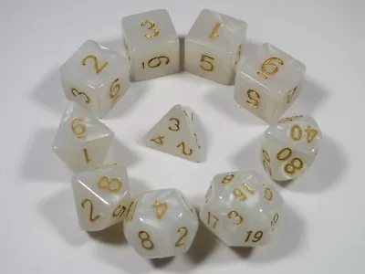 RPG Dice 10pc - Pearl White /gold Ink- 1 @ D4 D8 D10 D12 D20 D00-10 & 4 D6 • $11.04