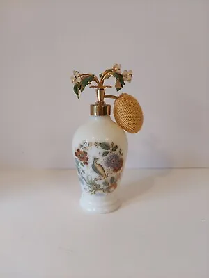 Vintage France Milk Glass Perfume Bottle Atomizer Bird And Flowers Vanity • $40