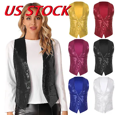 US Unisex Mens Womens Waistcoat Sequin Performance Vest Blazer Jacket Waistcoat • $7.03