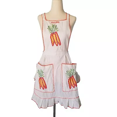 Embroidered Bib Apron White Orange Carrots Honduras Pockets Ruffle Tie Vintage • $24.94