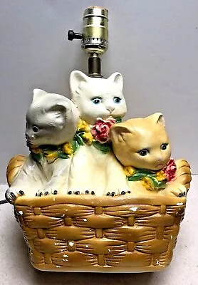 Rare Vintage (1940's?) Chalkware 3 Kittens In A Basket Table Lamp • $39