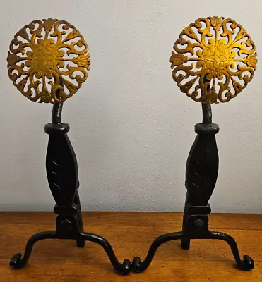 VINTAGE Virginia Metalcrafters Sunflower Brass Medallion ANDIRONS • $80