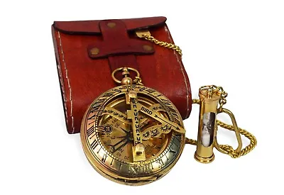 Brass Sundial Compass Vintage Pocket Style Nautical Keychain Pendant Gold • $31.99