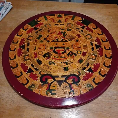 Vtg 26   Aztec Mayan Calendar Hand Carved  Wooden Wood Art Mexican Cuauhxicalli • $149